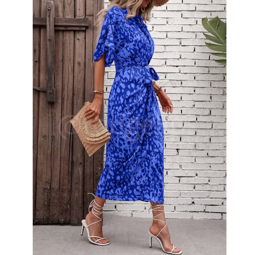Spotted All Over Print Button Through Tie Belt Ruched Maxi Shirt Dress  Blue - Picture 3 of 9
